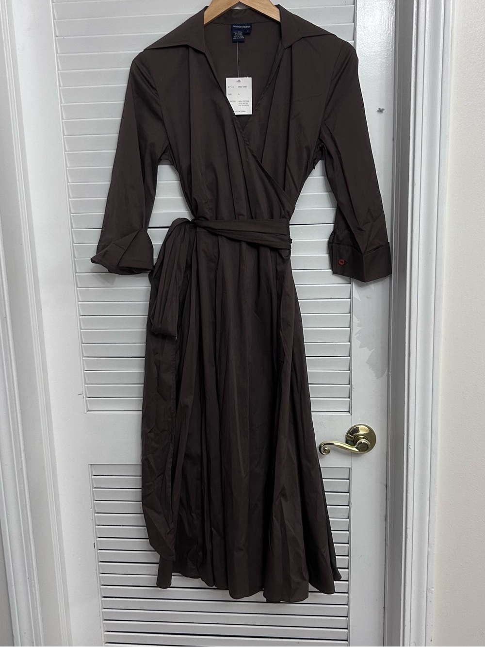 🤎MAKE OFFER🤎 NWT Boston Proper Dark Brown Midi Wrap Shirt Cotton Dress Sz 6 - Picture 2 of 6